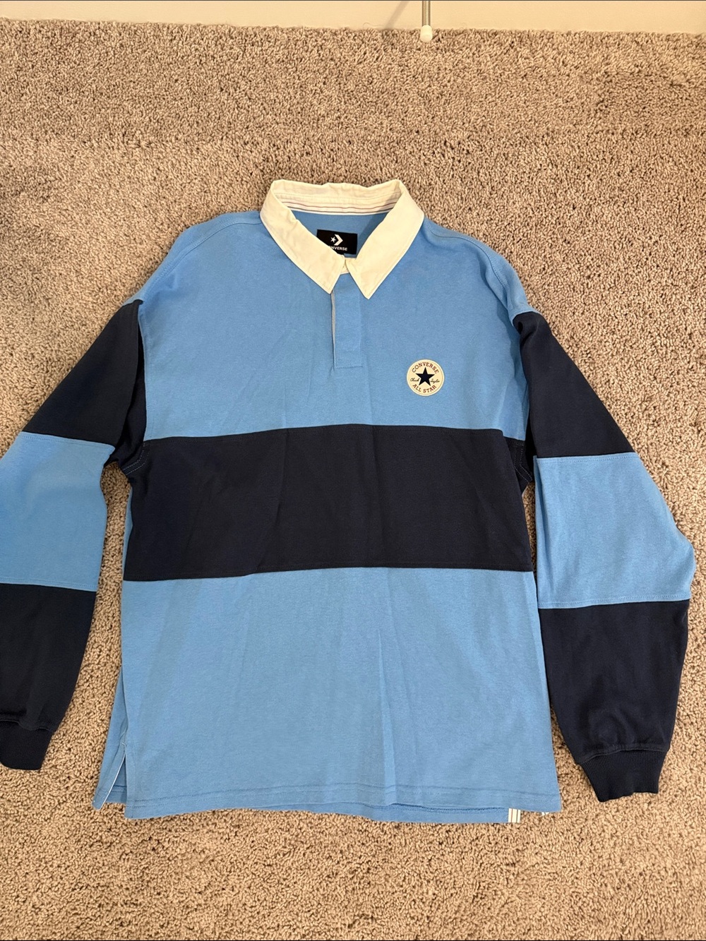 Converse Men’s Light Blue & Navy Rugby Shirt with White Collar